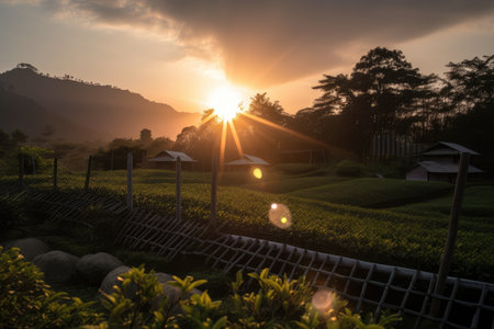 sun setting behind rows of tea plants in teahouse plantation, with view to the mountains, created with generative aiの素材