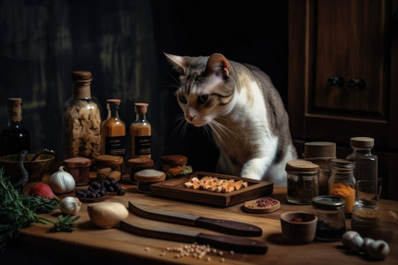 cat chef creating delicious recipe with fresh ingredients and spices, created with generative aiの素材