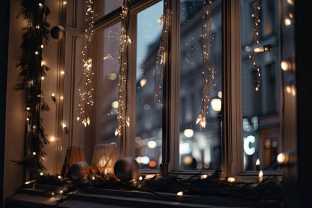twinkling lights and festive decorations in an up-close shot of a window, created with generative aiの素材