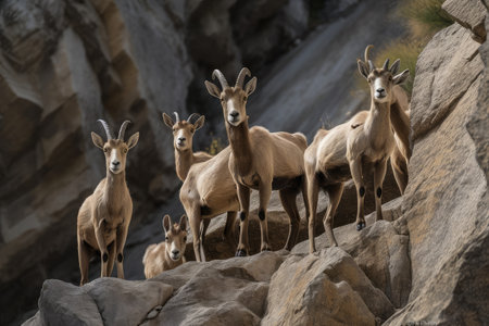 group of ibex perched on a rocky cliff, watching their herd below, created with generative aiの素材