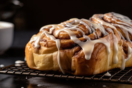 cinnamon bun with drizzle of icing and sprinkling of cinnamon, created with generative aiの素材