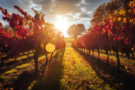 vineyard surrounded by colorful autumn foliage, with sun shining through, created with generative aiの素材