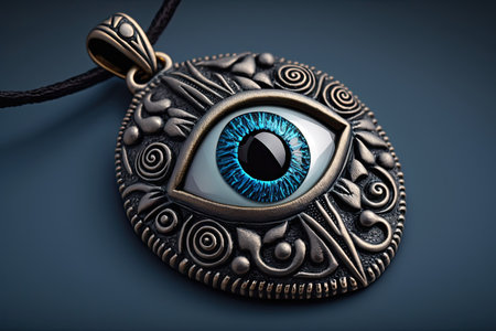 evil eye amulet, adorned with black and white stones, against a blue background, created with generative aiの素材