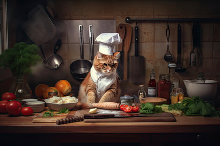 cat chef whipping up a storm in a kitchen, preparing delicious meal using fresh ingredients, created with generative aiの素材
