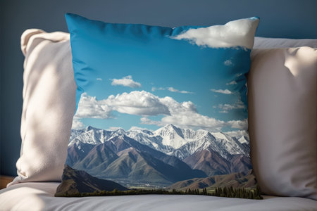 pillow, with view of serene mountain range, against a clear blue sky, created with generative aiの素材