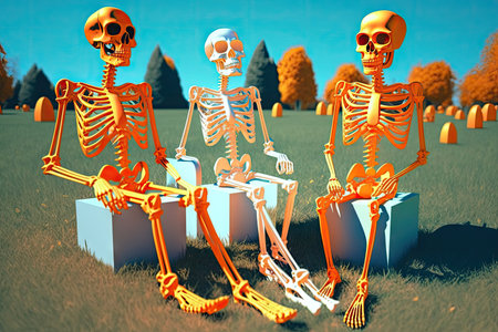 three orange skeletons relax and enjoy sunny suburban park, created with generative aiの素材