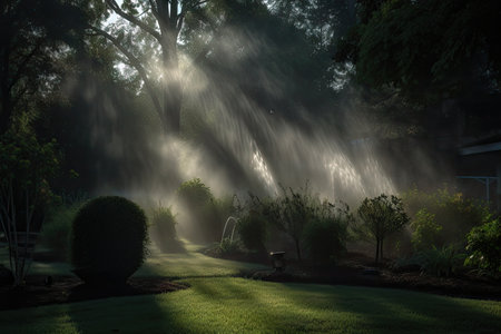 sprinkler system with a variety of spray patterns creates cool and misty effect, created with generative aiの素材