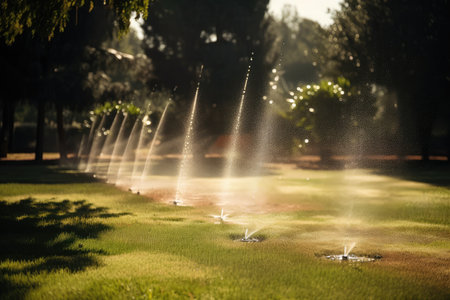 sprinkler system, with droplets of water dancing in the air and sunlight glistening on the lawn, created with generative aiの素材