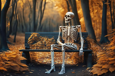 autumn forest and human skeleton sitting on bench skeletons relax, created with generative aiの素材