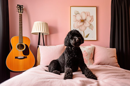 black dog sitting on pink pillow in bedroom, with guitar close by, created with generative aiの素材