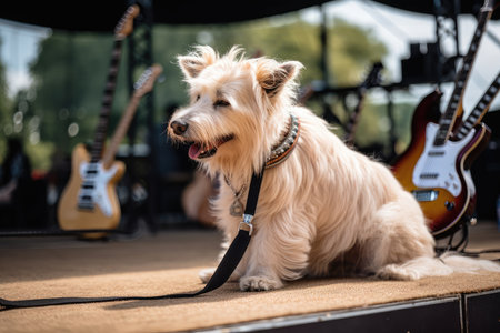 rock star dog practicing guitar onstage at sold-out concert, created with generative aiの素材