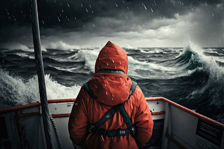 person in life jacket on deck of ship sailing in a storm, created with generative aiの素材