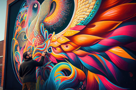 graffiti artist painting intricate and colorful mural on the side of building, created with generative aiの素材