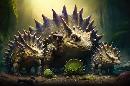 family of stegosaurus dinosaurs, with mother and baby in the center, created with generative aiの素材