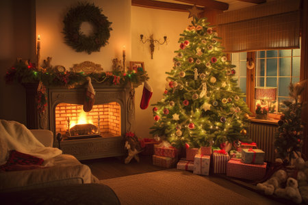 a cozy living room with a beautifully decorated christmas tree and warm fireplace, created with generative aiの素材