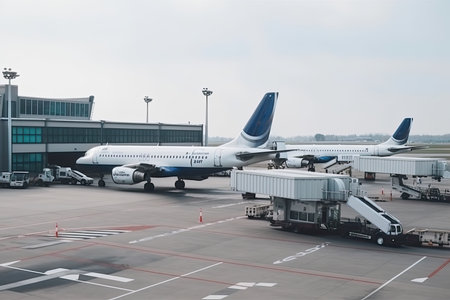 modern airport terminal with passenger jets parked on the tarmac, created with generative aiの素材