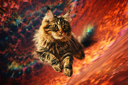 trippy cat, jumping from place to place on the screen, its fur flying behind it, created with generative aiの素材