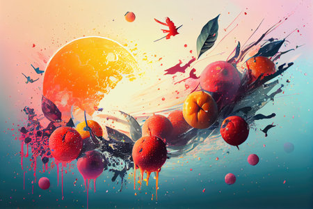 summer fruit splashes flying in the sunset sky, created with generative aiの素材