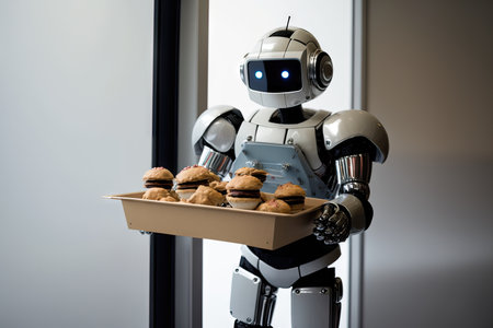 robot assistant carrying tray of pastries and coffee to office break room, created with generative aiの素材