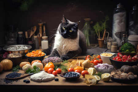 cat chef preparing a feast of fish, fruits, and vegetables for its feline friends, created with generative aiの素材