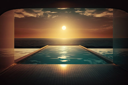 swimming pool with view of sunset, the sun sinking below the horizon, created with generative aiの素材