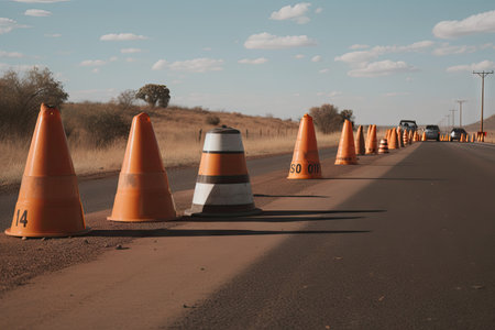traffic cones and warning signs on the side of the road, created with generative aiの素材