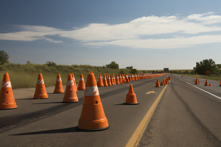 traffic cones in a single-file line, marking off construction zone, created with generative aiの素材