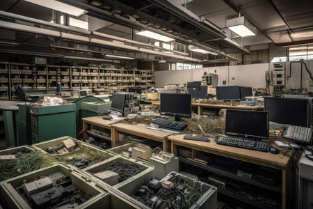 e-waste recycling center, with bins of electronic devices and cables for sorting and recycling, created with generative aiの素材