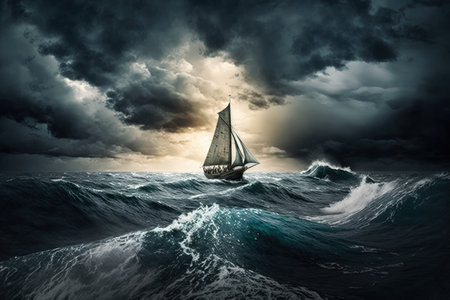 sailing in a storm against background of sea and sky with overcast sun, created with generative aiの素材