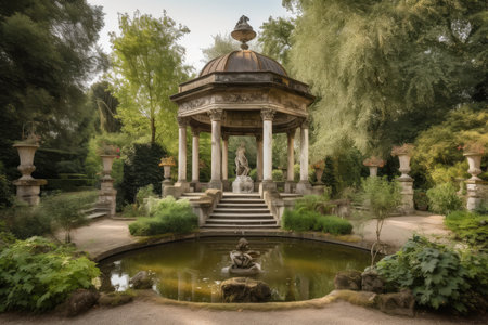 classical pavillion in picturesque garden with fountains and statues, created with generative aiの素材