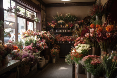 beautiful flower shop, with blooms in every color and variety, created with generative aiの素材