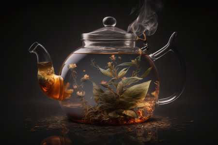 teapot with steam rising from the hot water, against black background, created with generative aiの素材