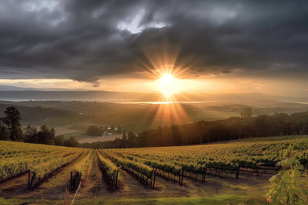 view of vineyard with sun setting over the rolling hills, breaking through the clouds, created with generative aiの素材