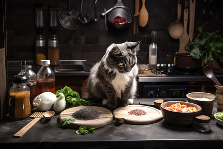 cat chef preparing dish with ingredients, spices, and cooking utensils visible, created with generative aiの素材