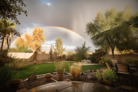 backyard with sprinkler and rainbow in the background, created with generative aiの素材