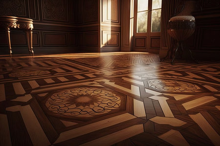 beautiful brown wood floor with classic patterns in house interior, created with generative aiの素材