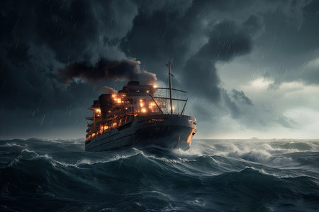 giant storm, with lightning crackling across the skies and waves crashing against the ship, created with generative aiの素材