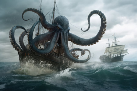 octopus kraken in battle against giant sea serpent, created with generative aiの素材