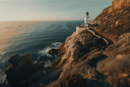 lighthouse on cliff, surrounded by scenic views of the sea and shore, created with generative aiの素材