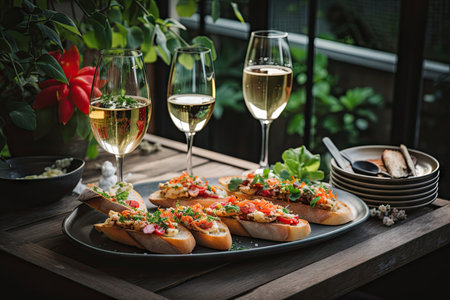 lush garden, bruschetta dish and glasses of wine on table, created with generative aiの素材