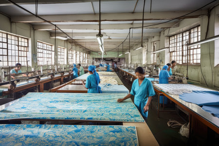 textile factory, with workers making intricate and detailed designs on fabrics, created with generative aiの素材