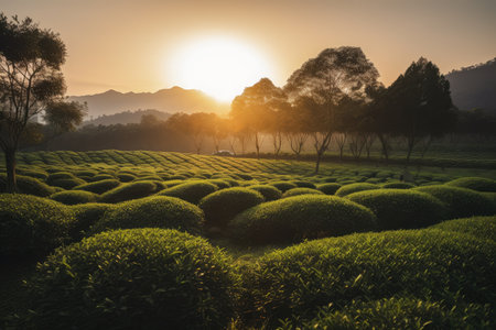 tea plantation sunset, with the sun setting behind the rows of tea trees and mountains in the background, created with generative aiの素材
