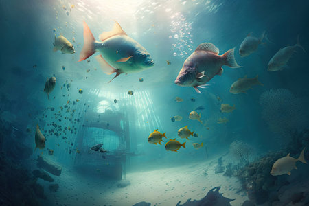 swimming pool underwater, with fish swimming among the swimmers, created with generative aiの素材