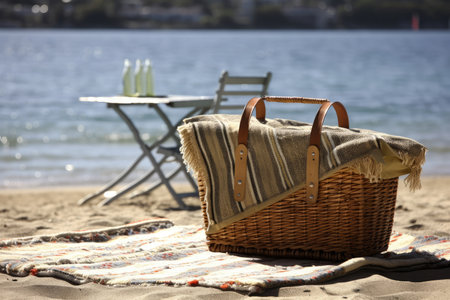 picnic blanket and basket on beach, waterfront view, created with generative aiの素材