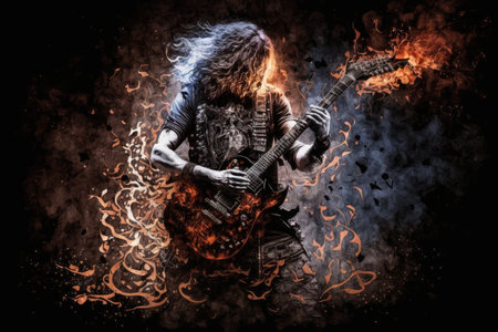 heavy metal guitarist, surrounded by smoke and flames, shredding on guitar, created with generative aiの素材