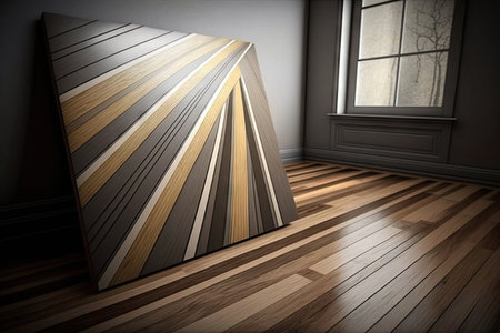 beautiful wooden panel with brown and grey strips on hardwood floor, created with generative aiの素材