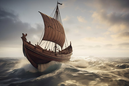 viking ship sailing on calm sea, with waves lapping against the hull, created with generative aiの素材