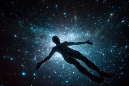 person, floating in digital holographic space, with view of distant stars and galaxies visible, created with generative aiの素材