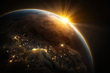 a close-up of the sun rising over a globe, with rays of light illuminating continents and oceans., created with generative aiの素材