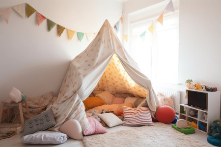 soft blanket and pillow fort, with pillows for seating, in childs room, created with generative aiの素材